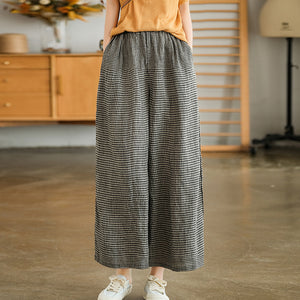 Quần baggy linen lưng thun kẻ sọc caro nhỏ ống rộng - Q258
