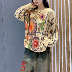 Áo len cashmere dài tay cổ tròn form rộng móc hoa màu sắc - NU7795