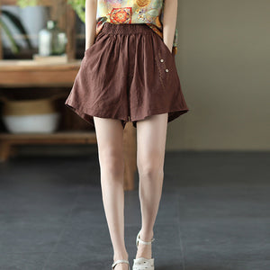Quần sooc linen lưng thun thêu dây leo đính khuy - NU6959