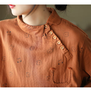 Áo sơ mi linen dài tay cổ pipi in hình ngộ nghĩnh - NU8257