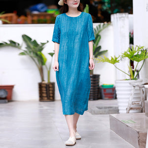 Đầm liền linen ngắn tay cổ tròn một màu hai túi - NU8432