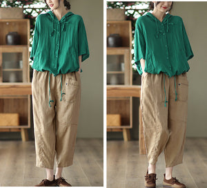 Quần baggy linen lưng thun ba túi thêu hoa lá - NU6815