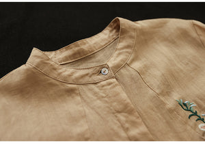 Áo sơ mi linen ngắn tay cổ đứng thêu hoa lá đối xứng hai bên - NU8531