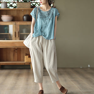 Áo T-shirt linen sát nách cổ tròn thêu hoa văn kiểu lệch tà - NU7297