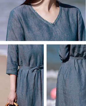 Đầm liền linen ngắn tay cổ V eo thắt dây một màu - NU8581