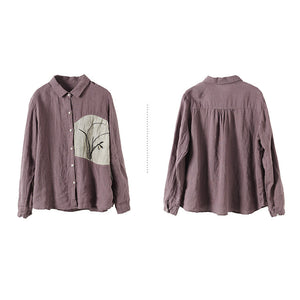 Áo sơ mi linen dài tay cổ đức thêu hoa lan  - NU6724