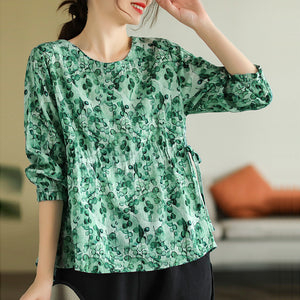 Áo sơ mi linen dài tay cổ tròn in hoa lá eo dây rút - NU8209