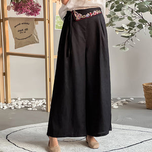 Quần baggy linen lưng cao thêu hoa văn ống rộng - NU8413
