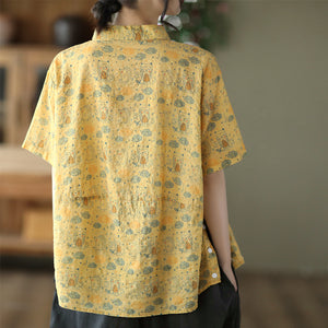 Áo sơ mi linen ngắn tay cổ đức in những chú cú ngộ nghĩnh - NU7066