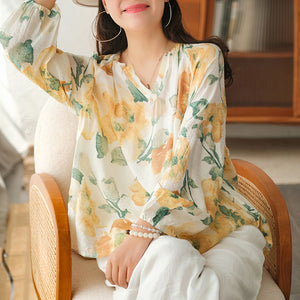 Áo sơ mi dài tay cổ V in hoa lá tay bồng- NU7270