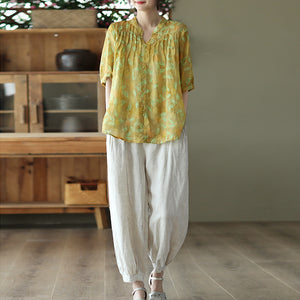 Áo sơ mi linen ngắn tay cổ V khuy đôi in hoa lá - NU8578
