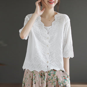 Áo khoác cardigan linen ngắn tay thêu hoa văn cổ V - NU8663