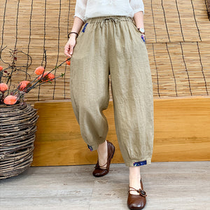 Quần baggy linen lưng thun dây rút ống túm phối vải màu - NU7154