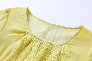 Đầm liền linen ngắn tay cổ tròn thêu bông lúa mạch - OD0738
