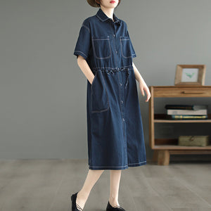 Đầm liền denim ngắn tay cổ đức hai túi vuông cột dây - NU8586