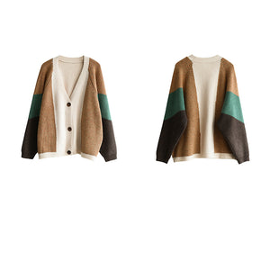 Áo khoác len cardigan dài tay cổ V ba khuy phối màu sắc - NU7783