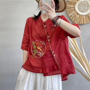 Áo sơ mi linen ngắn tay cổ tàu khuy tròn thêu chim phượng hoàng - NU7172