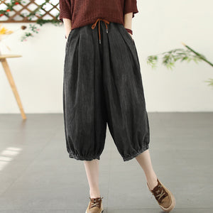 Quần baggy lửng denim lưng thun dây rút ống xếp ly - NU8600