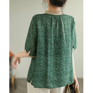 Áo sơ mi linen ngắn tay cổ pipi phối màu in cành lá  - NU7535