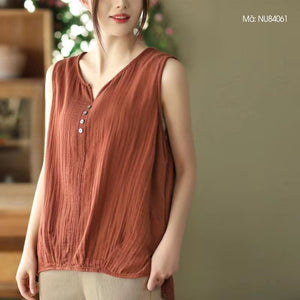 Áo T-shirt linen sát nách cổ V kiểu xếp ly - NU8406