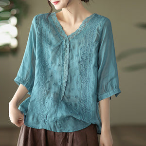 Áo sơ mi linen ngắn tay cổ V thêu ren và dây leo - NU7050