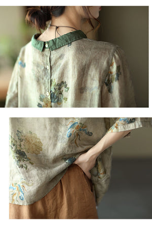Áo sơ mi linen ngắn tay cổ pipi họa tiết hoa lá - NU6806