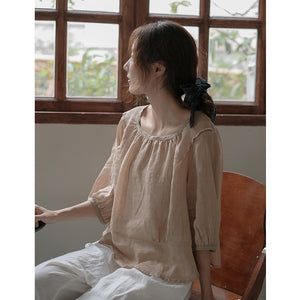 Áo sơ mi linen ngắn tay cổ vuông khuy cài sau - NU8543
