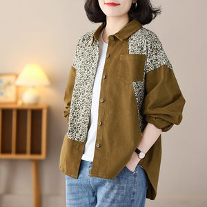 Áo sơ mi dài tay cổ đức hai mảng màu in hoa lá - NU8354