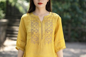 Áo sơ mi linen ngắn tay cổ tròn xẻ thêu đối xứng - NU8541