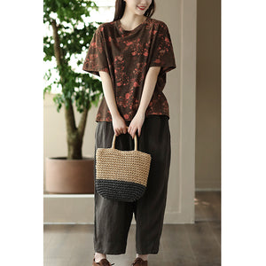 Áo T-shirt ngắn tay cổ tròn in hoa lá đơn sắc - NU8630