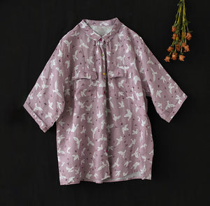 Áo sơ mi linen ngắn tay hai túi vuông in những chú chim - NU7433