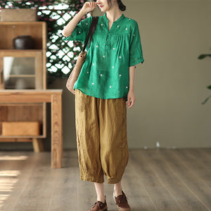 Quần baggy linen lưng thun dây rút thêu hoa hồng - NU7324