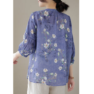 Áo sơ mi linen tay lửng cổ tròn cột dây in hoa lá - NU8533