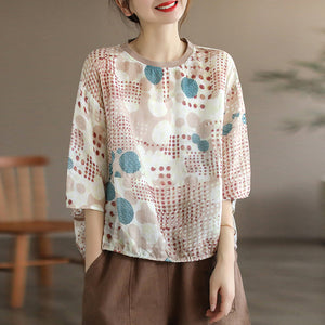 Áo T-shirt linen ngắn tay cổ tròn bo thun in hoa văn - NU7302