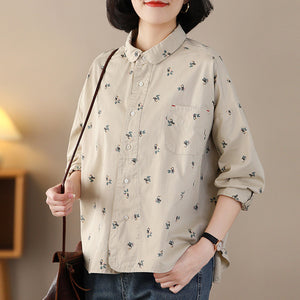Áo sơ mi dài tay cổ pipi một túi in hoa lá vạt mullet - NU8237