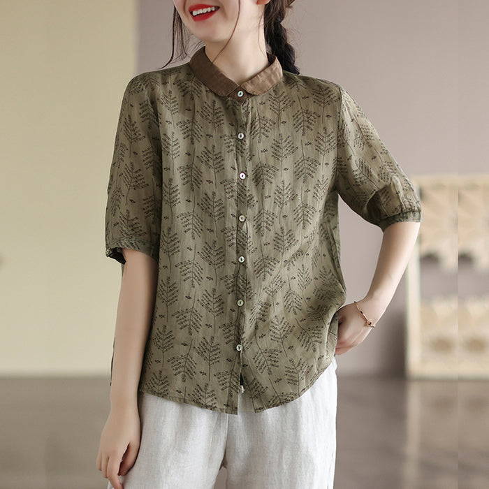 Áo sơ mi linen ngắn tay cổ pipi in hoa lá  - NU6834