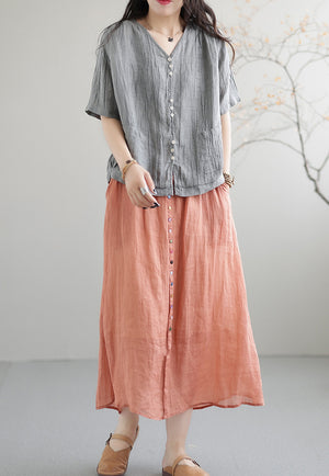 Áo sơ mi linen ngắn tay cổ V hai túi vuông vạt ngang - NU7422