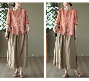 Áo sơ mi linen ngắn tay cổ pipi phối màu in những nhành cây - NU7506