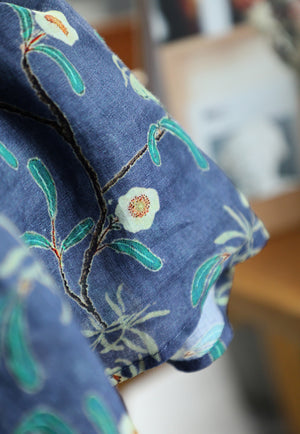Áo sơ mi linen ngắn tay cổ pipi khuy cài sau in hoa lá - NU7407