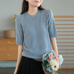 Áo T-shirt len dệp kim ngắn tay cổ tròn một màu - NU7622