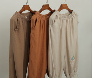 Quần baggy linen lưng thun thêu giỏ hoa ống túm dây rút - NU6631