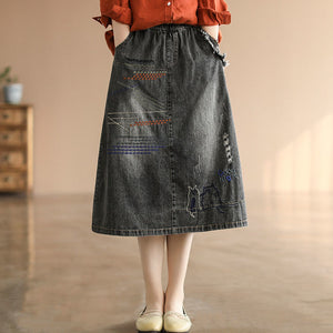 Chân váy denim lưng thun thêu hai chú mèo - V005