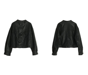 Áo khoác da croptop cổ đứng hai túi vuông - NU7752