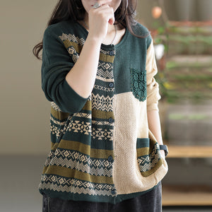 Áo khoác len cashmere dài tay cổ tròn hoa văn trừu tượng hai túi - NU7767