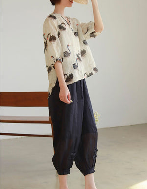 Áo sơ mi linen ngắn tay cổ V một khuy - NU7465