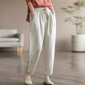 Quần baggy linen lưng thun dây rút hai túi viền thêu hoa văn - NU7167