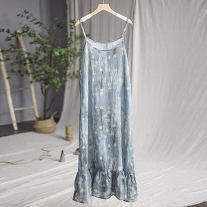 Đầm liền linen hai dây in hoa lá tùng xòe - NU7126