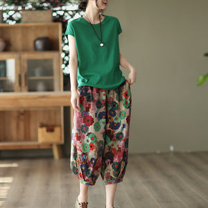 Quần baggy linen lưng thun dây rút in những bông hoa sắc màu - NU7489