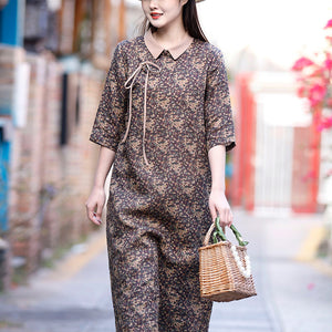Đầm liền linen ngắn tay cổ pipi khuy chéo in hoa liti - NU8277