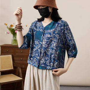 Áo sơ mi tay lửng cổ V in hoa văn retro - NU8555